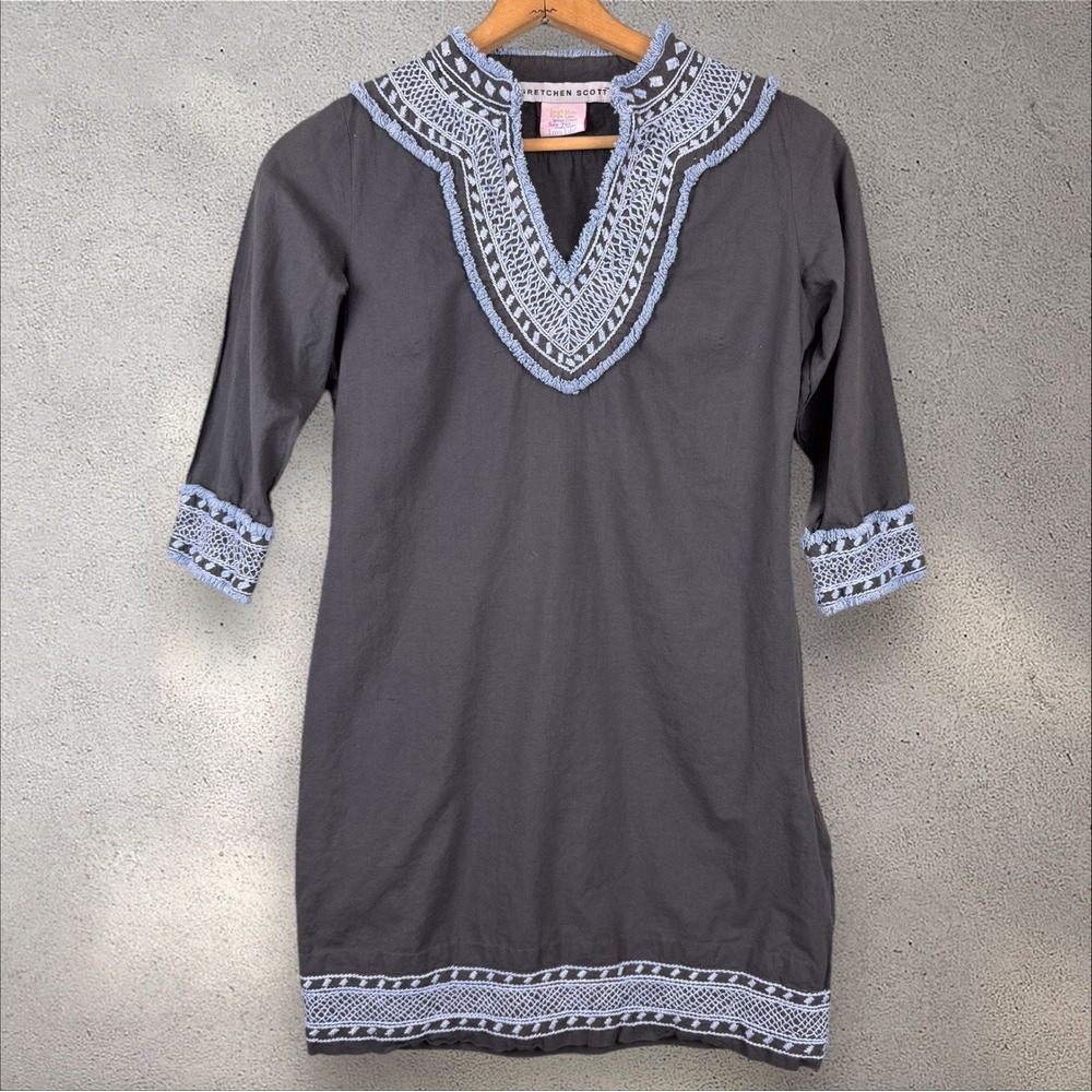 Gretchen Scott Embroidered Tunic Shift Cotton Dress Sz S‎ Blue Gray